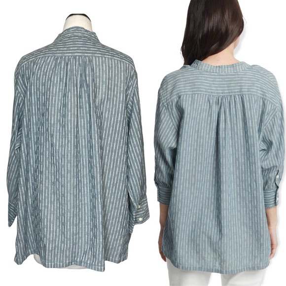 FRYE Size Large Popover Cotton Tunic Top 3/4 Sleeve Diamond Stripe Half Button - Picture 2 of 16